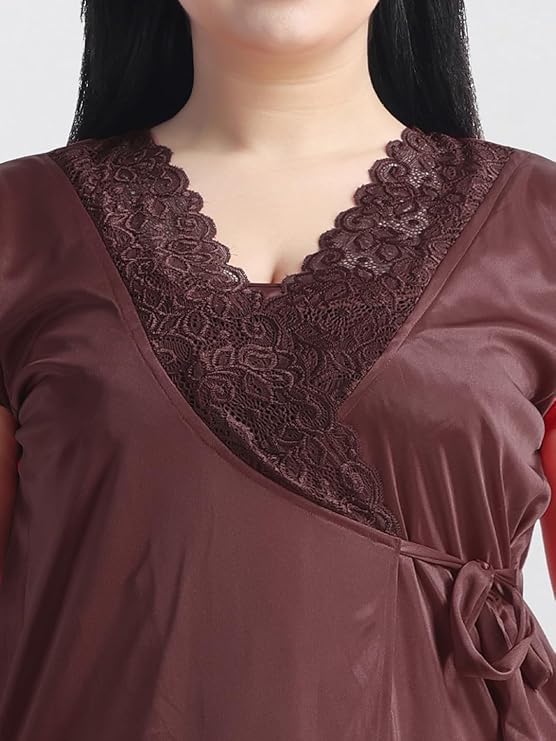 Image of Satin 6 Piece Nightwear Set, Coral Pink Lace Trim Sleepwear with Robe, Nighty, Top, Shorts, Lingerie Set for Women, Summer Collection-Mehndi Green.