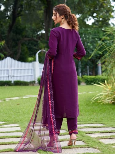 Image of INDO ERA Women Silk Blend Kurta Trouser With Dupatta Set