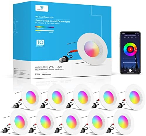 TRAMSMART 6 Inch Smart LED Recessed Lights 10 Pack， 13W 1100LM Retrofit LED Recessed Lighting RGBCW Color Changing Dimmable Can Lights, Downlight Work with Alexa/Google Assistant