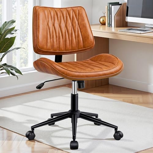 Image of Ergonomic Armless Office Desk Chair - Mid-Century Retro Orange Faux Leather with Diamond Stitch, Adjustable Height Swivel Rolling Task Computer Chair with Walnut Accent for Home Office, Study & Work