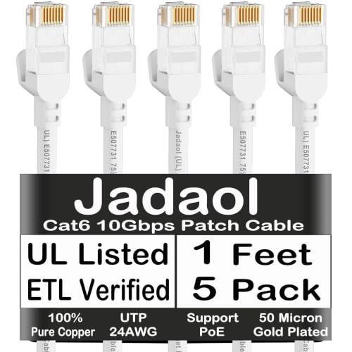 Jadaol [UL Listed] Cat 6 Ethernet Cable 1ft 5Pack 10Gbps 24AWG PoE++, White