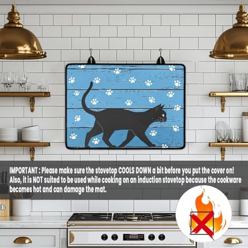 Image of Glass Ceramic Top Stove Cover Anti-Scratch Flat Cooktop Cover Mat Range Covers for Electric Stove Machine Washable Induction Stove Top Protector Mat, 29 x 21 Inch, Black Cat Wood Grain Paw
