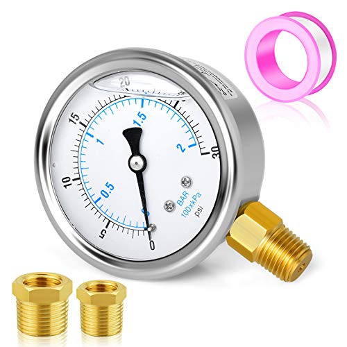 MEANLIN MEASURE 0~30Psi Stainless Steel 1/4" NPT 2.5" FACE DIAL Liquid Filled Pressure Gauge WOG Water Oil Air Lower Mount, with 1/2" NPT and 3/8" NPT Hex Bushing