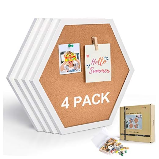 AkTop Cork Bulletin Board Hexagon 4 Pack, Small Framed Corkboard Tiles for Wall, Thick Decorative Display Boards for Home Office Decor, School Message Board with 16 Push Pin Wood Clips, White