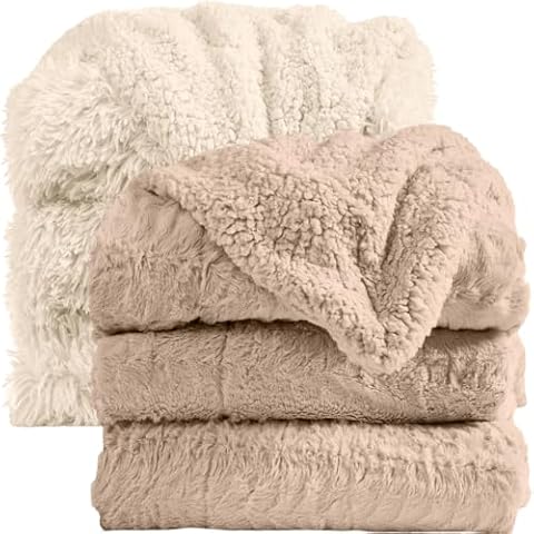 The Connecticut Home Co Throw Blankets for Couch, Soft Luxury Home Decor Beige Faux Fur/Sherpa and Cream Shag/Sherpa Throws, 65x50, 2 Item Bundle Cover