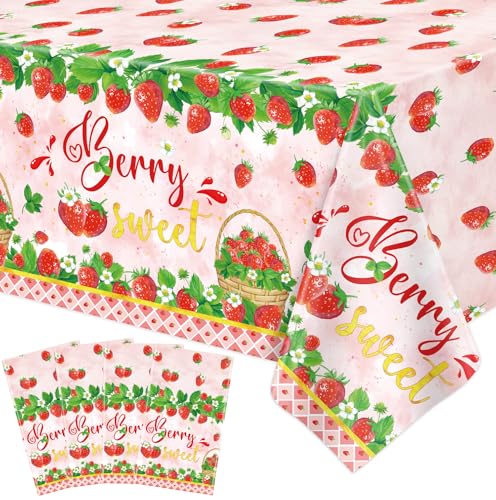 4 Pcs Strawberry Tablecloth Berry Sweet One Table Covers Strawberry Theme Party Table Cloth Strawberry Birthday Decorations Strawberry Baby Shower Supplies Berry First Birthday Decor 86 x 51 Inch