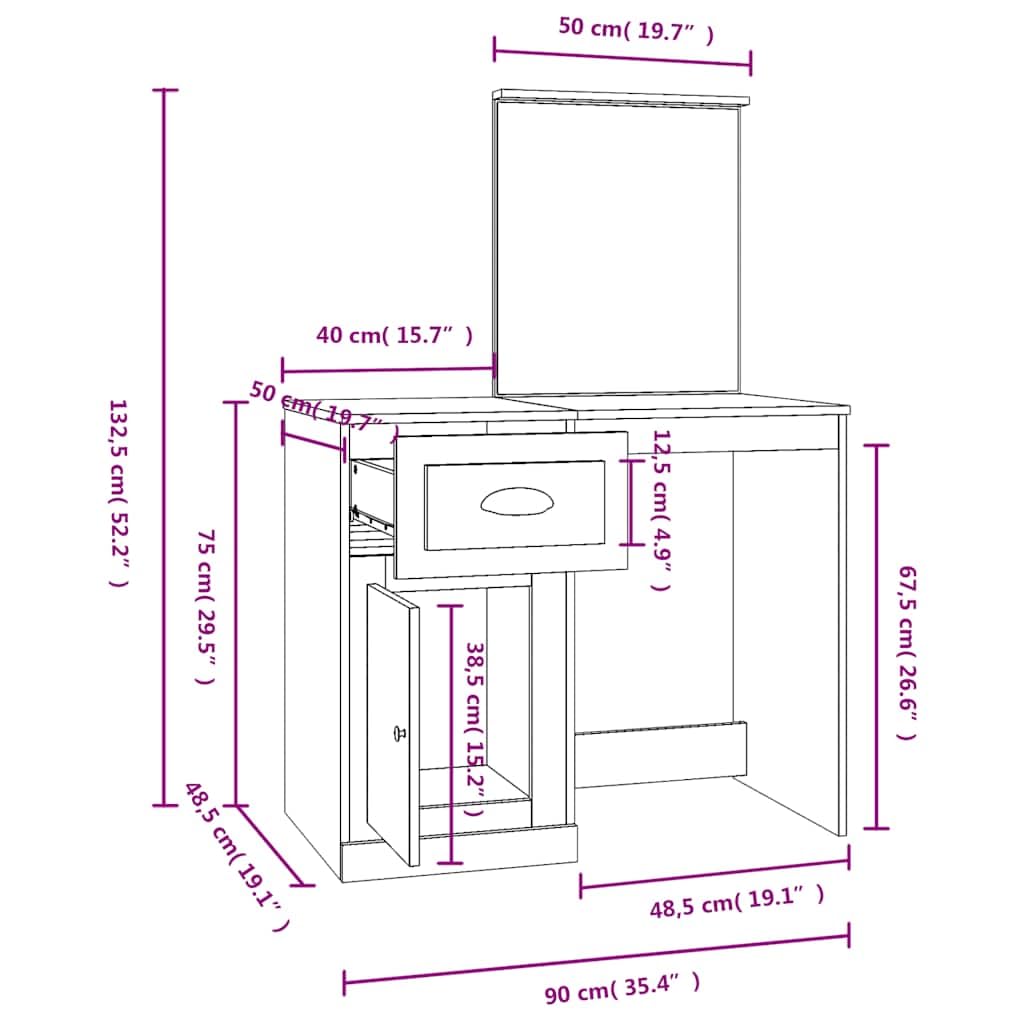 Schminktisch mit Spiegel Grau Sonoma 90x50x132,5 cm Holzwerkstoff Frisiertisch mit Schublade und Hocker Makeup Organizer, LED Beleuchtung