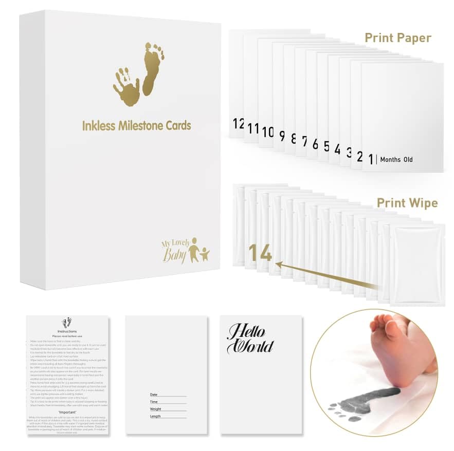 Image of Premium Inkless Monthly Milestone Cards Kit with Baby Hand & Footprint Keepsake Set|14 Elegant Milestone Cards & 14 Inkless Towelettes|Non-Toxic & Safe Memory Kit for Newborn Babies - Black