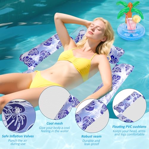 wokdsbl 2 Stück 4 In 1 Aufblasbare Wasserhängematte Erwachsene und Kinder mit Palme Getränkekühler, Komfortabler Wasserhängematte mit Netz für Strand, Pool, Urlaub