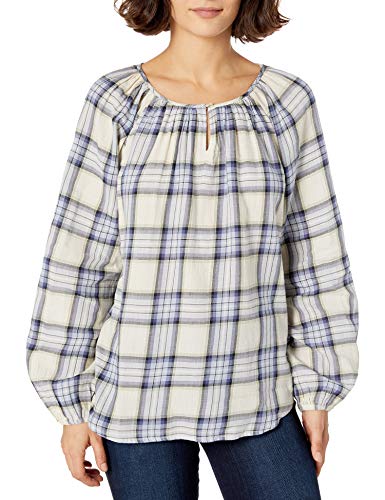 Chaps Women's Petite Bishop Sleeve Relaxed Fit Silhouette Cotton Shirt, Pearl Multi, PL