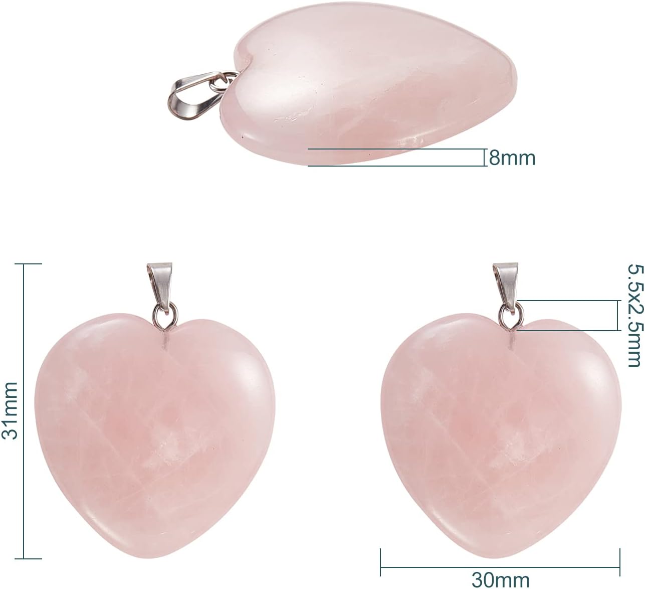 LiQunSweet 5 Pcs Natural Rose Quartz Crystal Charms Energy Healing Sweet Heart Shape Stone Pendants with Stainless Steel Snap On Bails for Jewelry Making - 31x30mm