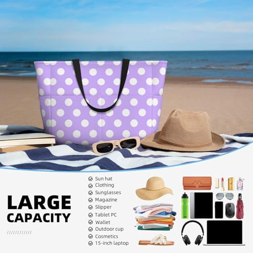 Large Beach Bags for Women Sandproof - Light purple polka dot print (G) Summer Travel Work Tote Bags with Zipper4