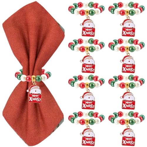 SUNNYCLUE 8 Sets Holiday Napkin Rings Christmas Napkin Rings Santa Claus Xmas Red Green Glass Spcaer Beads Winter Napkin Holder Ring Beaded Napkin Ring for Christmas Wedding Party Dinner Table Decor