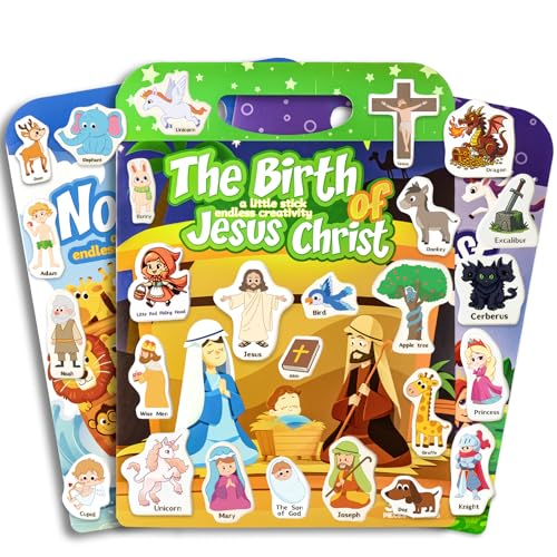 KIDS KING Reusable Sticker Books for Toddlers 1-3, Puffy Stickers Book for Kids Ages 2-4, Toddler Travel Activities Book Toy for Birthday Christmas - Christianity Jesus, Noah's Ark, Fairy Tales(3 Set)