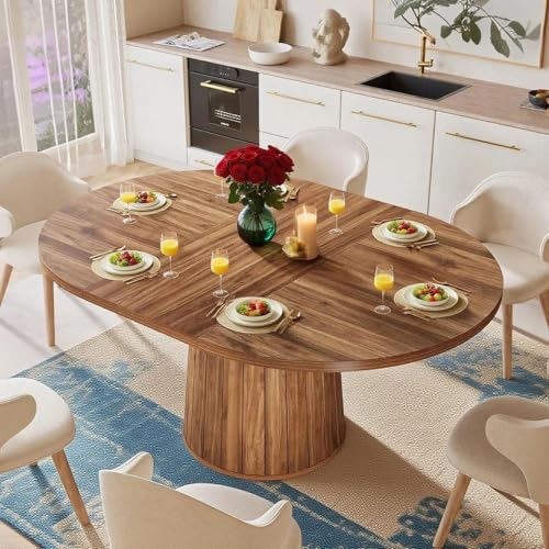 Lailang Mesa de comedor ovalada de 140 cm para 6 personas, mesa de comedor de madera rústica con tapa de madera y base cilíndrica para comedor marrón 140 x 100 x 76 cm