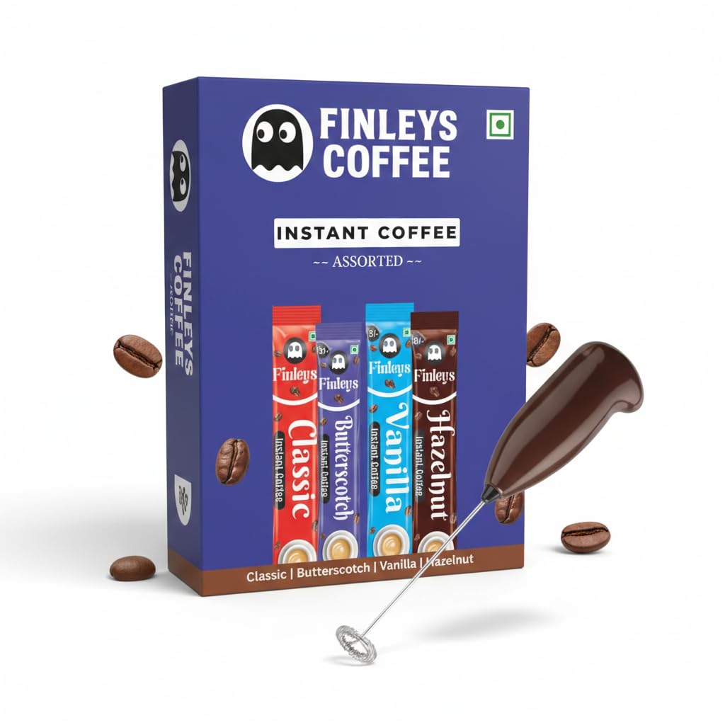 Finleys 48 Instant Coffee Multipack with frother | French Vanilla, Butterscotch, hazelnut, Classic (12 sachets each) | 100% Arabica, Hot & Cold Coffee, Latte, Espresso with frother-image-14