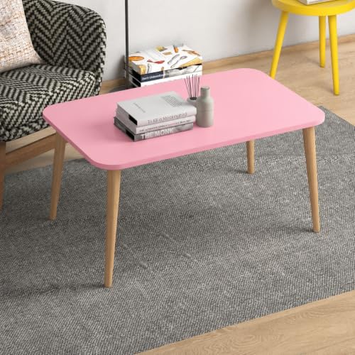 Image of Wooden Foldable Coffee Table - Rectangular Center Tea Table for Living Room & Bedroom, Easy Assembly with Solid Wooden Legs (Pink)