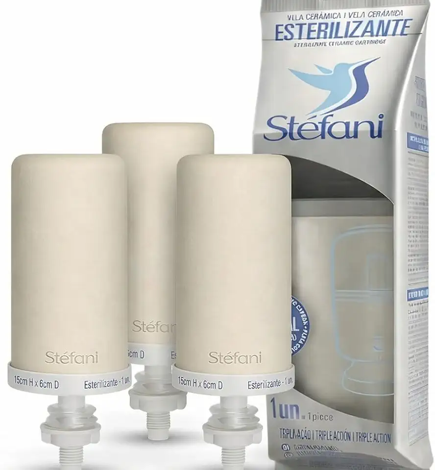 Kit com 3 Velas Filtro de Barro Tripla Ação Esterilizantes com Cerâmica Microporosa, Carvão Ativado e Prata Coloidal Refil para Purificador de Água por Gravidade Reduz Cloro, Odores e Bactérias