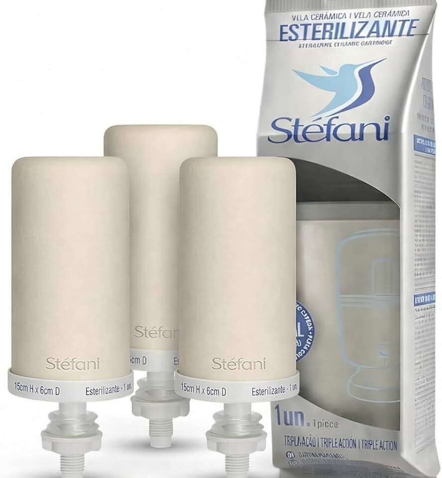 Kit com 3 Velas Filtro de Barro Tripla Ação Esterilizantes com Cerâmica Microporosa, Carvão Ativado e Prata Coloidal Refil para Purificador de Água por Gravidade Reduz Cloro, Odores e Bactérias