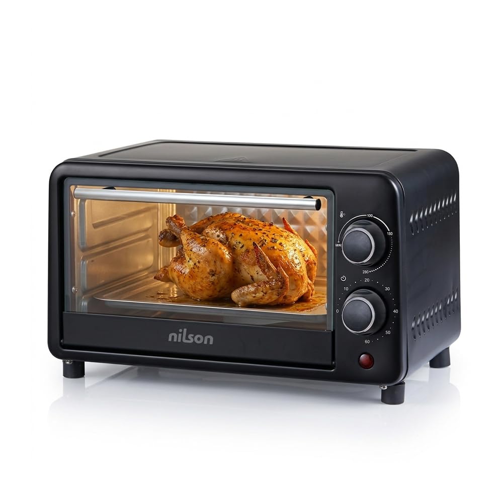 Horno de Sobremesa 10 L, Compacto, 1000 W, Control Mecánico, NHS1000N, Termostato Ajustable, Temperatura Máxima 230º, Temporizador 60 min, Incluye Bandeja Esmaltada y Rejilla Metalica
