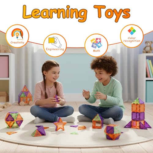Image of TOYTASTIC Magnetic Tiles Building Blocks for Kids Preschool Educational Magnetic Construction Toys for Creative Learning & Brain Development Safe STEM Toy for Toddlers Age 3-8 Years (28 Pieces)