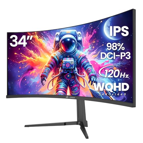 CRUA 34' Curved Gaming Monitor, IPS WQHD(3440x1440P) 120Hz 1900R 21:9 UltraWide PC Display, 130% sRGB, AMD FreeSync, Blue Light Filter, HDMI/DP Ports, Wall Mountable Installs– Black