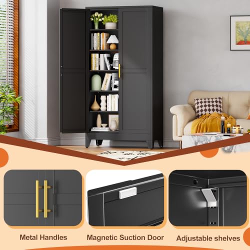 Image of RISRERN Black Metal Storage Cabinet, 79 inch Steel Cabinets for Home Office | Kitchen Pantry Storage Cabinet with Doors, 5 Adjustable Shelves, Metal Pantry Cabinet, for Office, Home, School 40 inch W