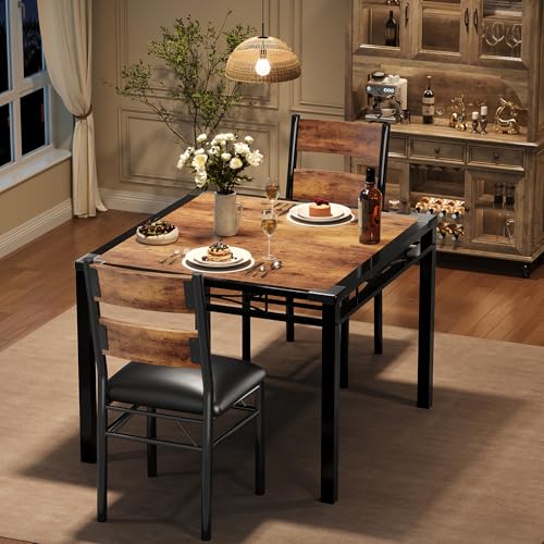 GarveeHome Dining Table Set for 2, Dining Table with 2 Upholstered Chairs, Wood 3-Piece Kitchen Dining Room Table Set with Corner Protector for Small Space, Kitchen, Apartment, Rustic Brown