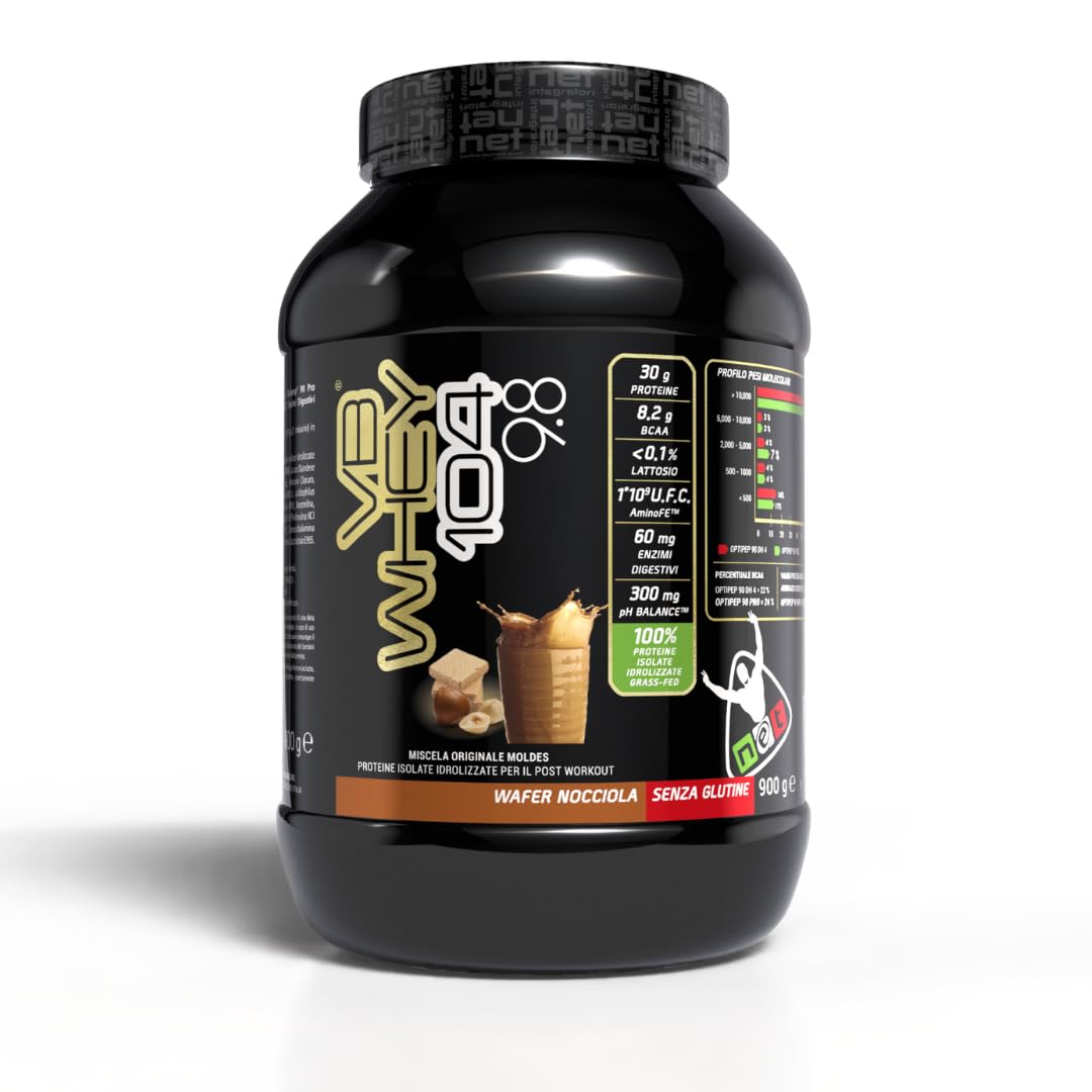 NET Integratori VB WHEY 104 9.8 Optipep - 900g Wafer Nocciola - Proteine Isolate Idrolizzate per via Enzimatica Con EAA e BCAA - Massimizza Sintesi Proteica, Crescita e Mantenimento Muscolare