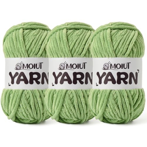 Image of 3 Pack Fluffy Chenille Yarn for Crocheting, Chunky Velvet Yarns for Crochet Amigurumi, Baby Yarn for Crocheting Soft Blanket, 262.4yds /10.5oz Bulky Yarns for Crafts /Hats /Shoes /Socks (3 Avocado Green)
