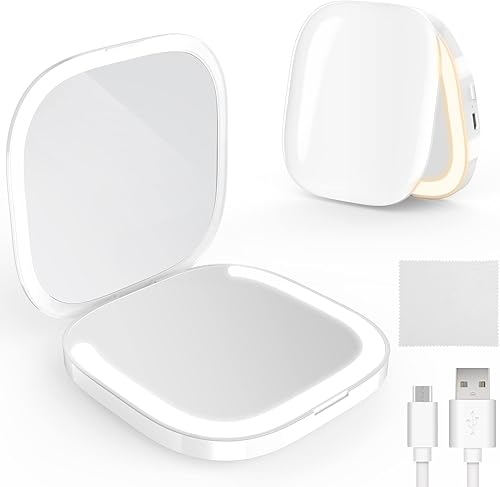 MY BEAUTY LIGHT Espejo compacto brillante con luz, espejo de aumento recargable duradero 1X3X con luz, espejo de maquillaje de viaje de 3000K-6000K