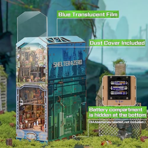 Image of Tonecheer DIY Book Nook Kit for Adults, Wooden 3D Puzzle Bookend Diorama Bookshelf Insert Decor Fancy Books, Booknook Miniature House Kit with Dust Cover and Sensor LED (Haven Zero)