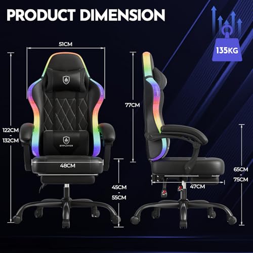 GTPLAYER Chaise de jeu, chaise de bureau, chaise de jeu avec barre lumineuse LED, chaise gamer, dossier avec sac de rangement, chaise ergonomique en polycarbonate avec télécommande – Image 3