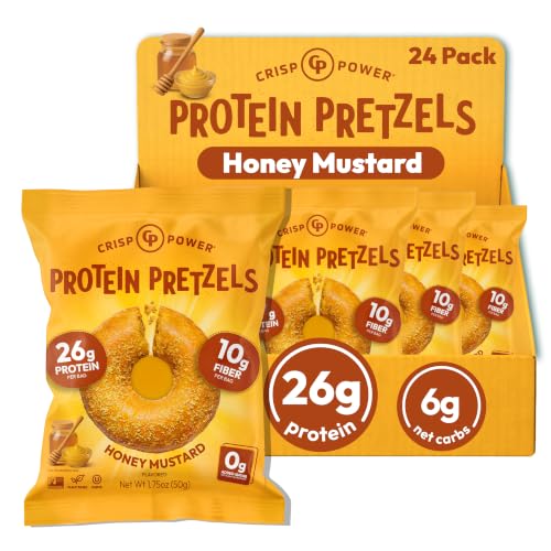 Crisp Power Honey Mustard Protein Pretzels, High Protein Snack, 24 Pack