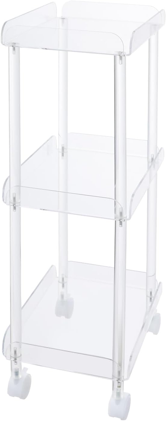 3 Tier Rolling Cart with Lockable Wheels, Clear Acrylic Utility Trolley Serving Cart, Free Standing Storage for Kitchen Bathroom