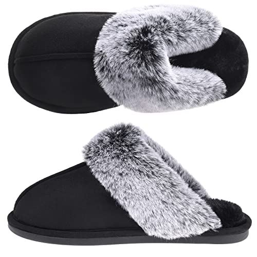 Women's Comfy Faux Fur Scuff Slippers Micro Suede Memory Foam Slip on Fuzzy Slide House Shoes Anti-Skid Sole