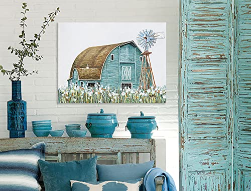 Turquoise Barn Canvas Wall Art: Handpainted Embellishment Rustic Teal Barn Bathroom Decor Old Barn Painting Framed For Farmhouse Ready To Hang (24"X32"X1 Panel) #TOP4