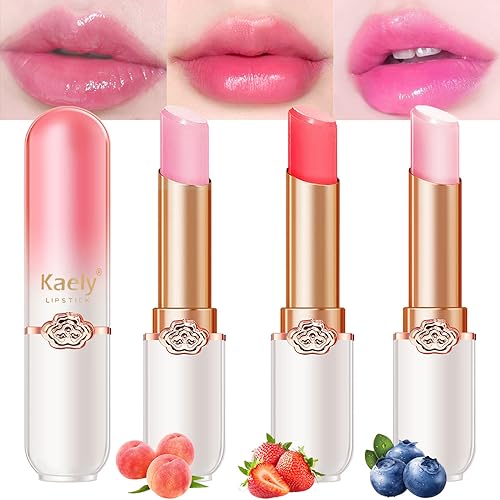 Kaely 3Pcs Pêssego Morango Mirtilo Bálsamo Labial Colorido, Conjuntos de Maquiagem de Mudança de Cor