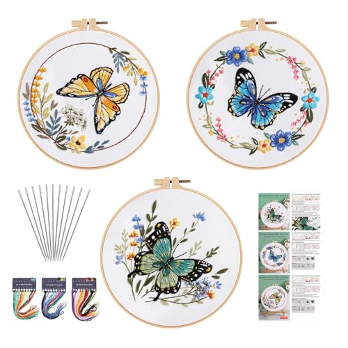 Image of GLTAYLMY 3 Sets Butterfly Embroidery Starter Kit for Beginners Flower Stamped Cross Stitch Kits with Instructions for Beginners Adults Include Embroidery Hoop Threads and Needles