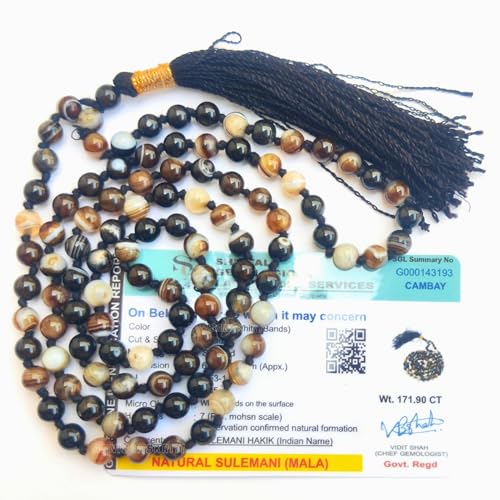Image of Apnisanskriti Premium Sulemani Hakik Stone Mala for Men and Women (6mm, AAA Quality, Lab Certified, 108+1) - Natural Stone Beads Mala - Black & White Bands Colour - Pack of 1