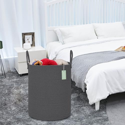 Image of Large Cotton Rope Laundry Hamper for Clothes 65L, Dark Gray