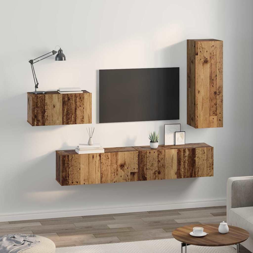 4-częściowy zestaw szafek pod telewizor, stare drewno, 30,5 x 30 x 90 cm, materiał drewnopochodny, wisząca, nowoczesny design, konsola do salonu, oszczędność miejsca