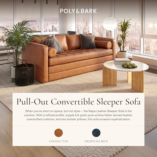 Image of POLY & BARK Napa 82 inch Leather Pull‑Out Sleeper Sofa - Full‑Grain Italian Leather Upholstery,Tri‑Layer Mattress & Storage Console -Sophisticated Multi‑Functional Sofa Bed for Living Rooms & Guest Spaces