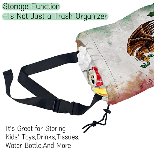 Image of Vintage Mexico Flag Car Trash Bag,Hanging Drawstring Car Garbage Bag,Waterproof Canvas Car Back Seat Organizer with Adjustable Buckle,for Vehicles,SUVs,Camping,Road Trips