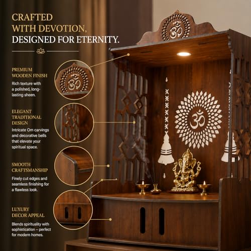 Image of SIGNAMIO Mandir for Home with LED Light | Wooden MDF Puja Mandir | Wall Mounted Temple | Home Temple with Storage Drawer | Decorative Wooden Temple for Living Room & Prayer Room