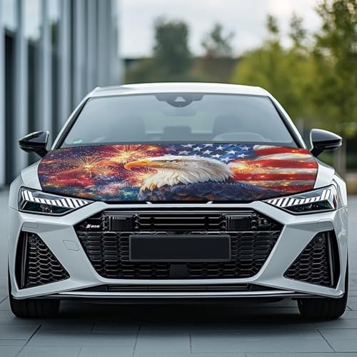 Image of Eagle American Flag Fireworks Car Hood Cover All Weather Protection Automotive Exterior Accessories Universal Fit Hood Covers for Cars, Trucks, SUV, or Van, 4th of July Decor