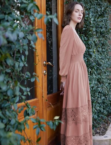 Image of Olaesa Long Sleeve Boho Maxi Dress for Women Lace Wedding Guest Dress | Spring Fall Bohemian Dress, Long Flowy Family Photo Dress with Pockets, V Neck Long Western Vacation Outfits