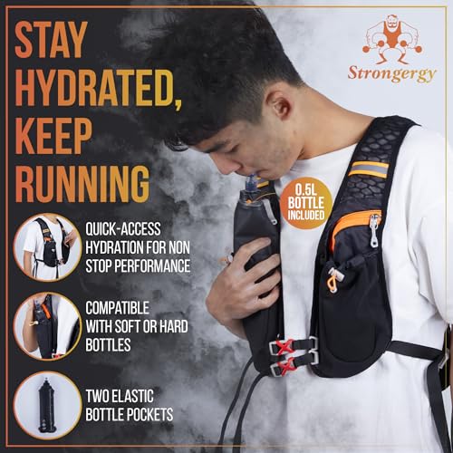STRONGERGY Chaleco Running Hombre y Mujer, Chaleco Hidratación Trail Running 40x22cm, Dos Bolsillos Exteriores, Dos Compartimentos, Botella de 0.5L y Silbato Incluido, Mochila Correr Hombre y Mujer - imagen 5