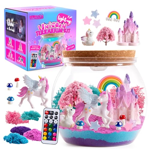 EVERICH TOY Unicorn Terrarium Kit for Girls Ages 412 Light-Up DIY Fairy Garden Craft Kit with Remote-Control LED Night Light Creative Screen-Free Unicorn Gifts & Bedroom Room Dcor