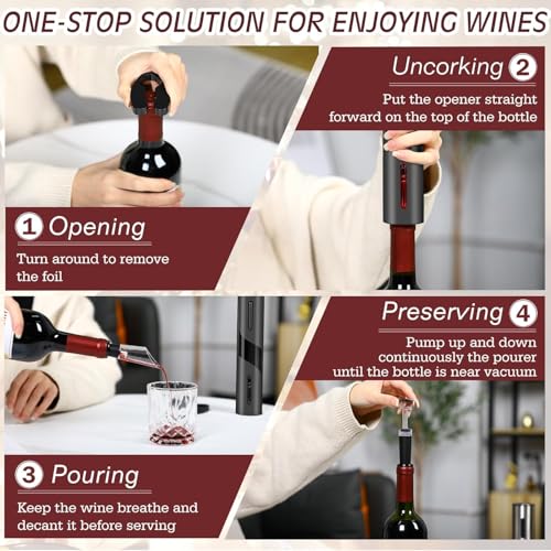Image of PEIPU Electric Wine Opener Set, Rechargeable 6-in-1 Wine Gifts for Wine Lovers with Storage Base, Foil Cutter, Wine Aerator Pourer & Vacuum Stoppers (Ink Black)